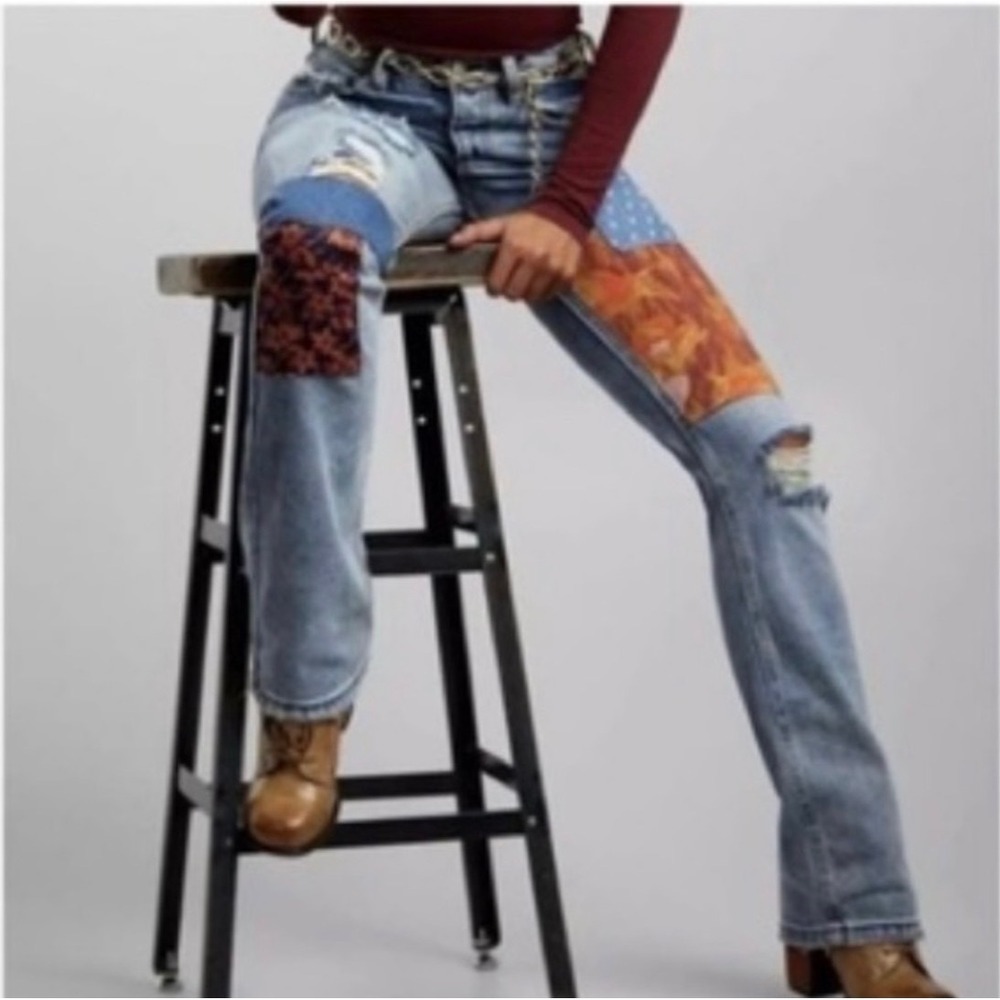 Free People Belladonna Patchwork Bootcut Jeans Blue Distressed Floral Size 26